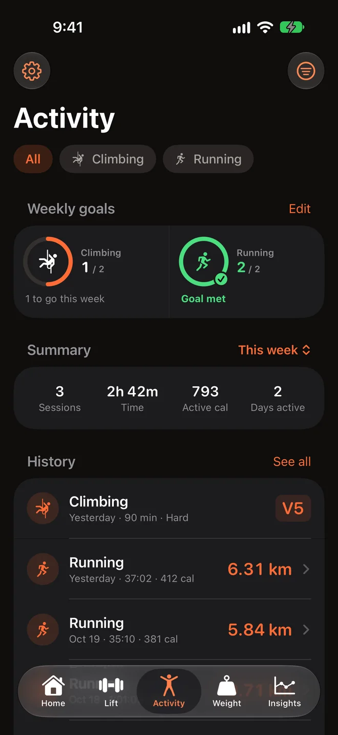Activity with weekly goal rings for climbing and running, a summary and history including a V5 climb