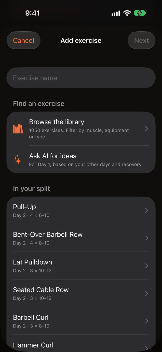 Add exercise with Browse the library, 1050 exercises, and Ask AI for ideas