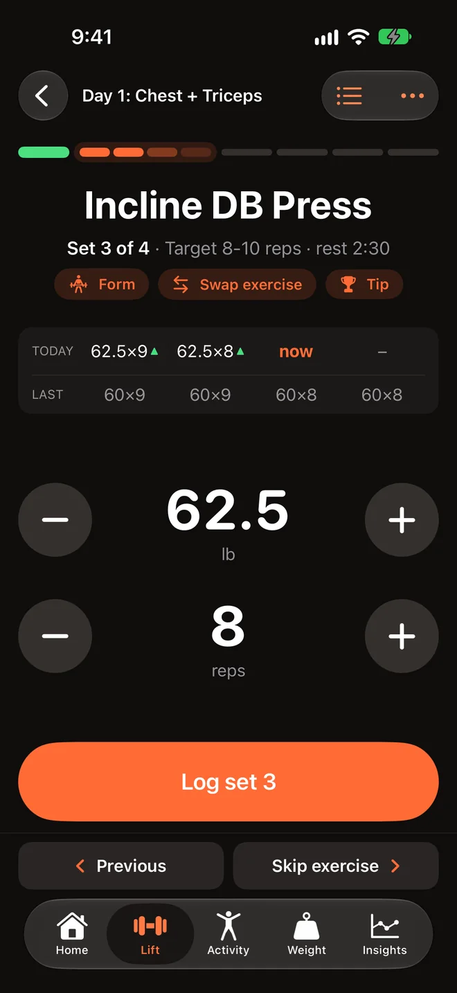 Set 3 of 4 of Incline DB Press, with today's sets beside last time's