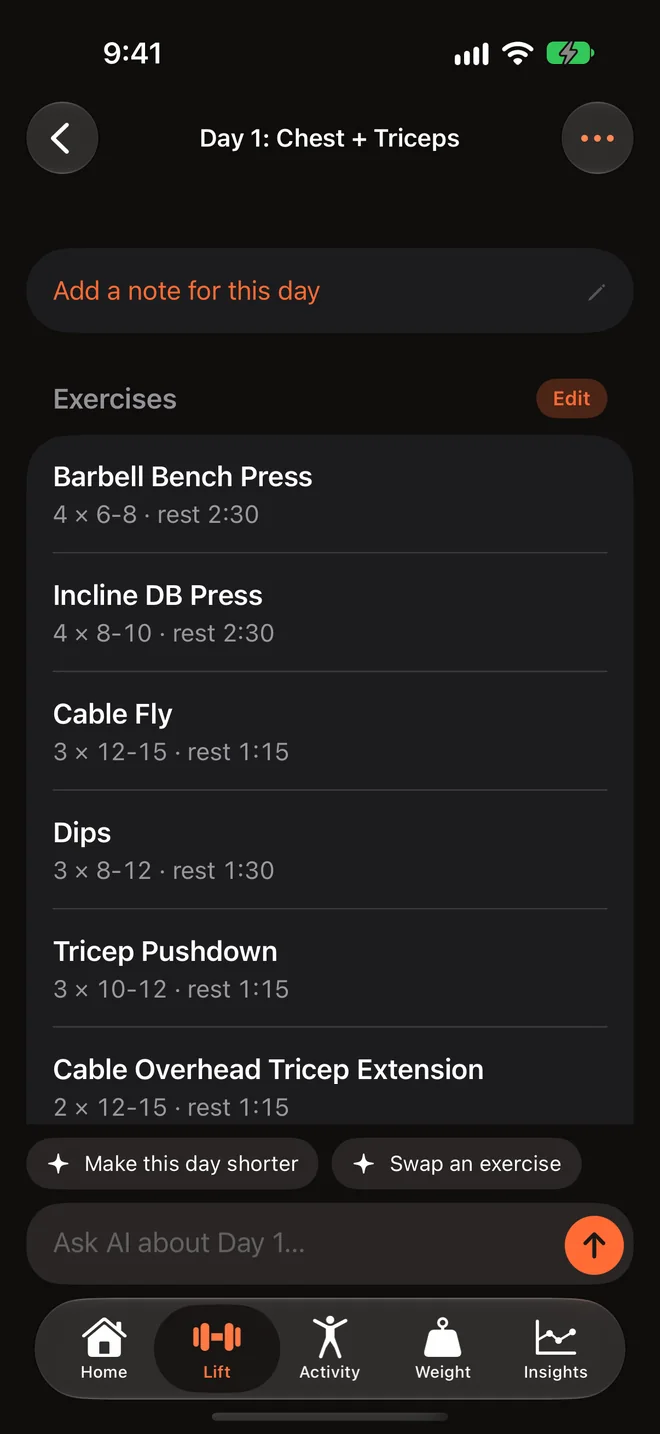 Day editor for Day 1: Chest + Triceps with exercises, rest times and Ask AI about Day 1
