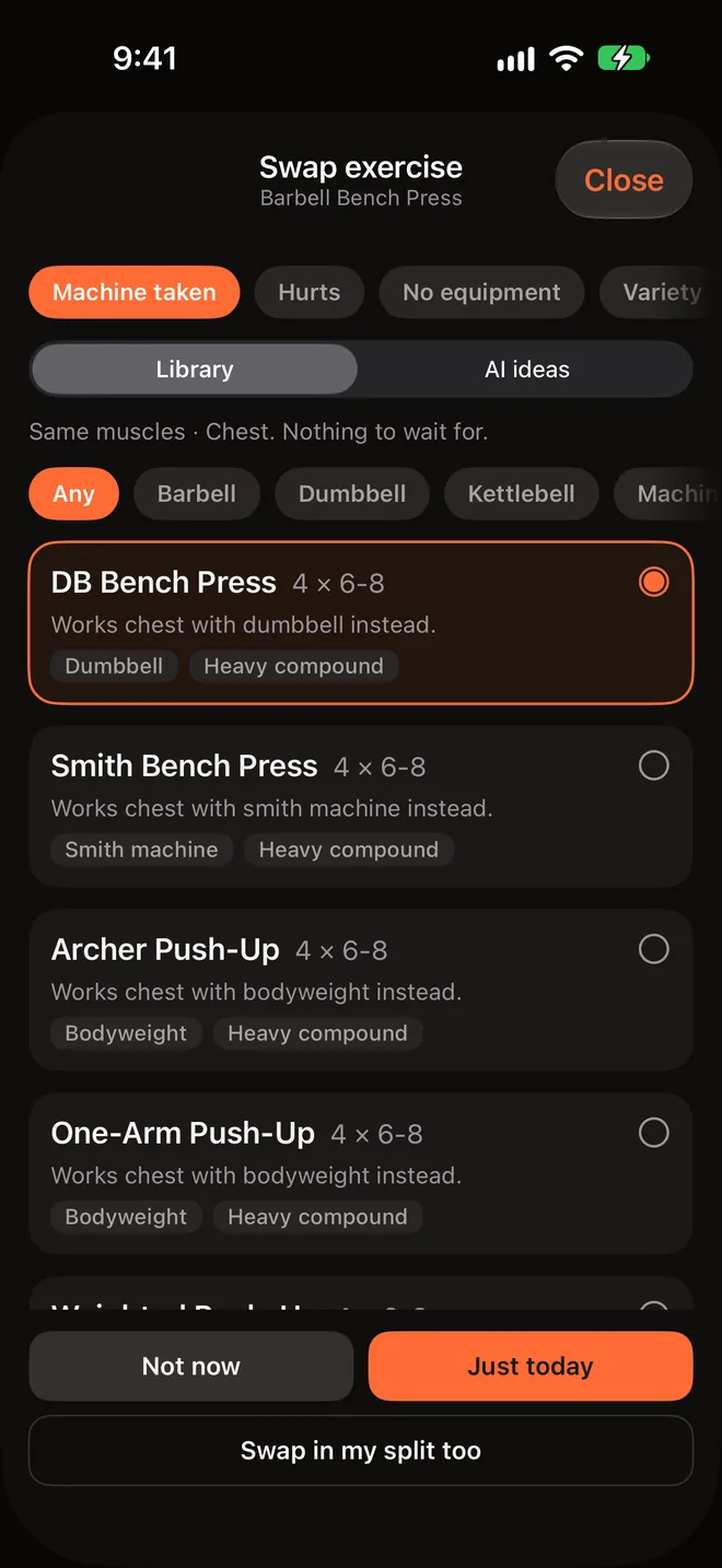 Swap exercise for Barbell Bench Press with Machine taken chosen and DB Bench Press picked from the library, with Just today and Swap in my split too ready